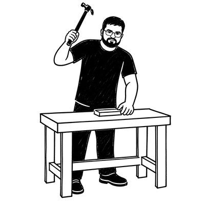 A sketched Prateek hammering at a workbench; he pauses and waves when you scroll up