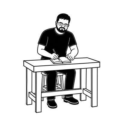 A sketched Prateek writing in a notebook at his workbench; he looks up and waves when you scroll up