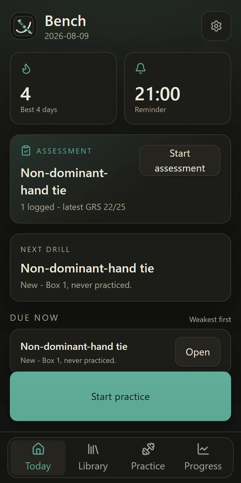 Bench today screen showing a demonstration practice streak and drill queue