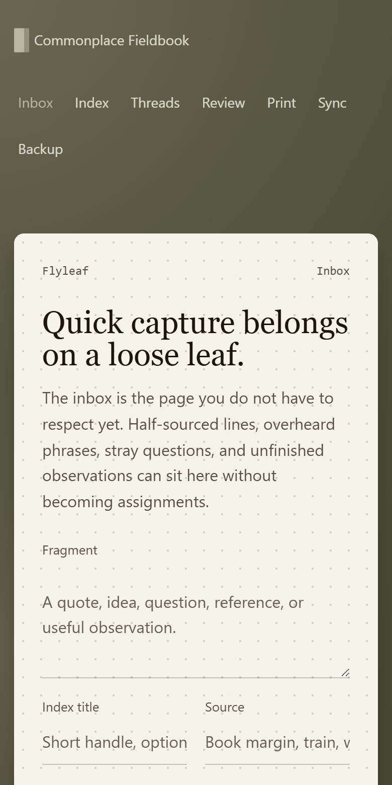 Commonplace Fieldbook notebook on a fresh installation