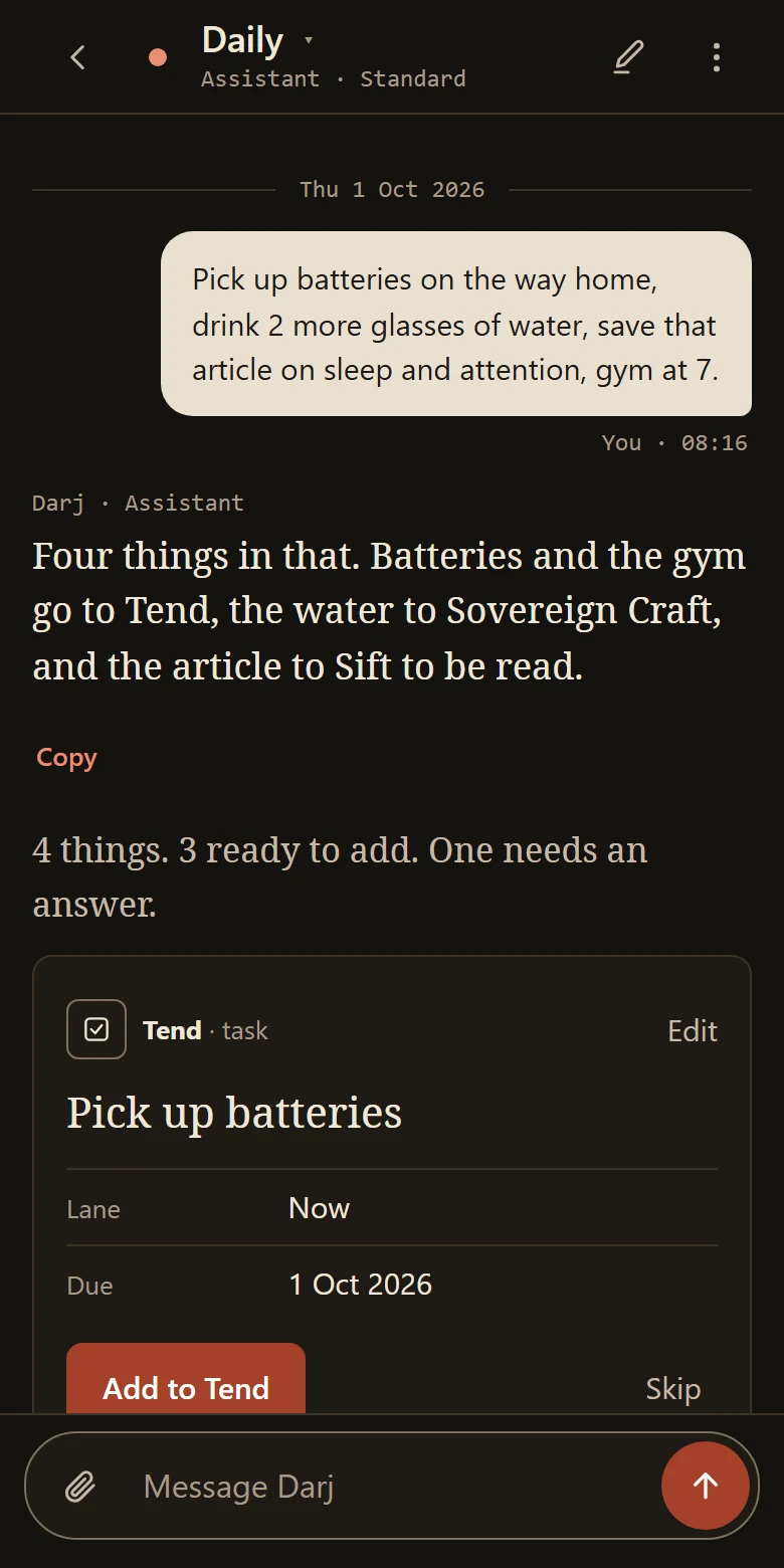Darj chat thread on demonstration data: one typed message split into cards for Tend, Sovereign Craft and Sift