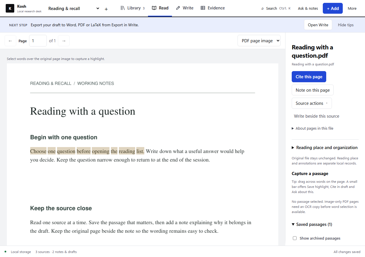 Kosh reading view: an example PDF with a highlighted sentence beside controls for citing the page and writing with the source
