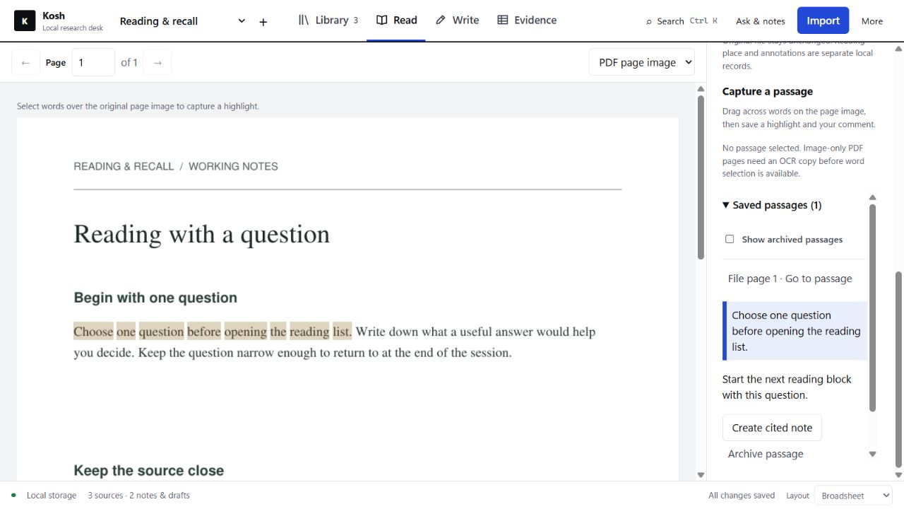 Kosh reading view: a page of an example PDF with one sentence highlighted, and that sentence saved as a passage in the side panel