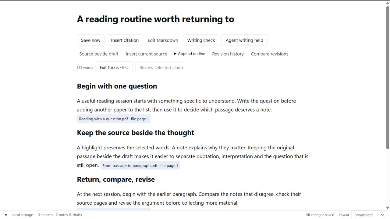 Kosh writing view in focus mode: an example draft whose paragraphs each end with a tag naming the source file and page