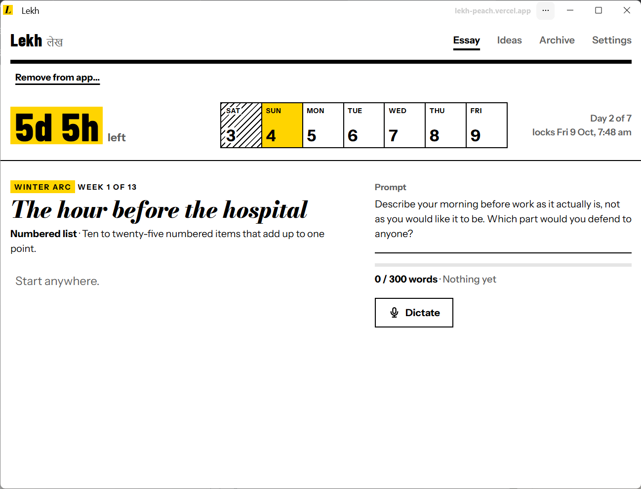 Lekh desktop in the yellow Front page theme, showing the seven-day essay timer, calendar and an empty writing area