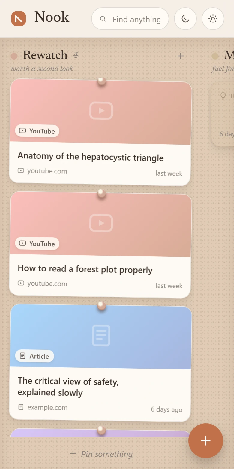Nook pinboard showing demonstration saves