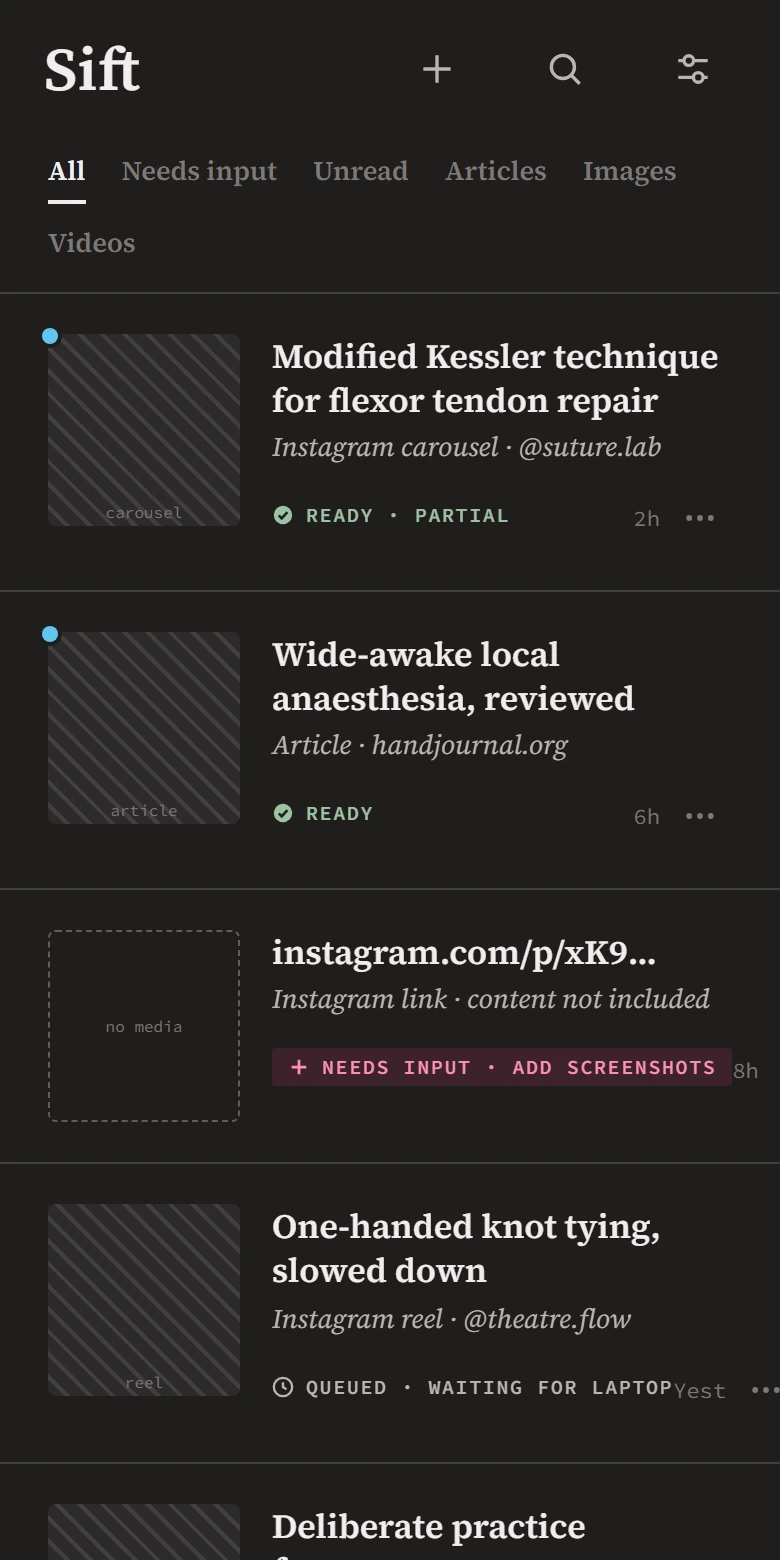 Sift inbox showing demonstration captures