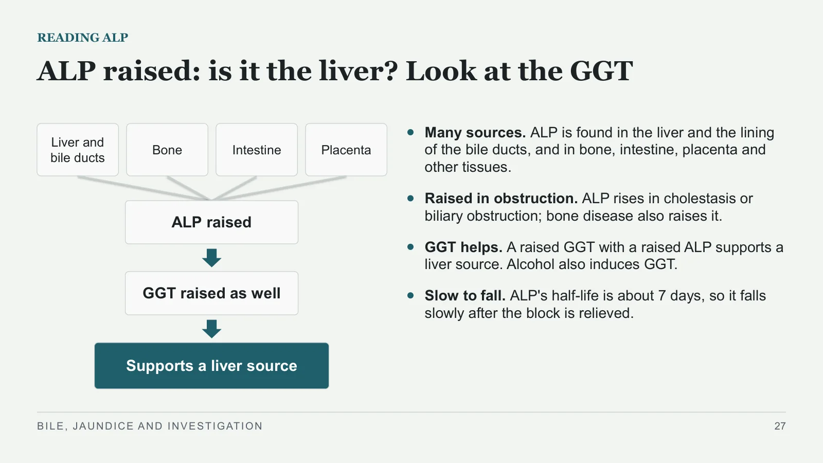 Slide 27: ALP raised: is it the liver? Look at the GGT