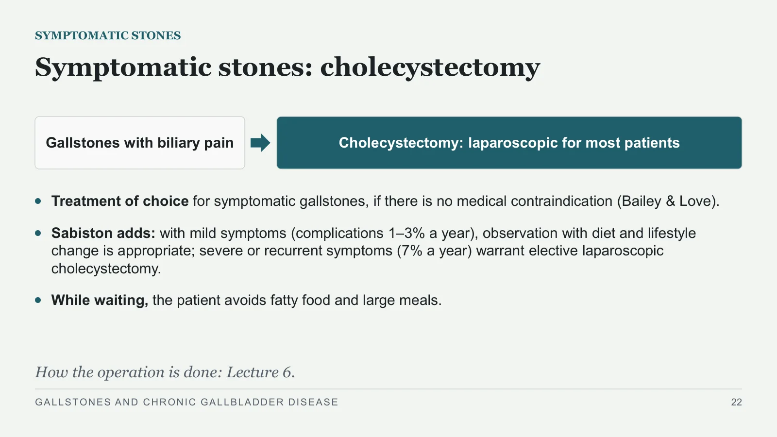 Slide 22: Symptomatic stones: cholecystectomy
