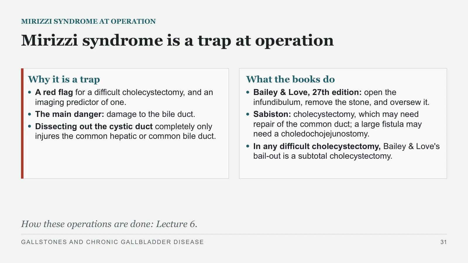 Slide 31: Mirizzi syndrome is a trap at operation